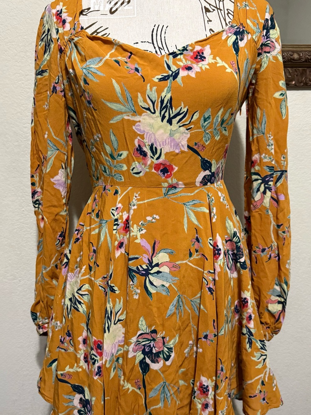 Ecote Mustard Floral Long-Sleeve Fit & Flare Dress